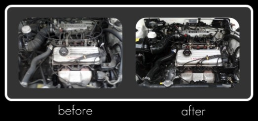 Images of an engine before and after being detailed by Fifty Dollar Detail, Ridgefield, WA.